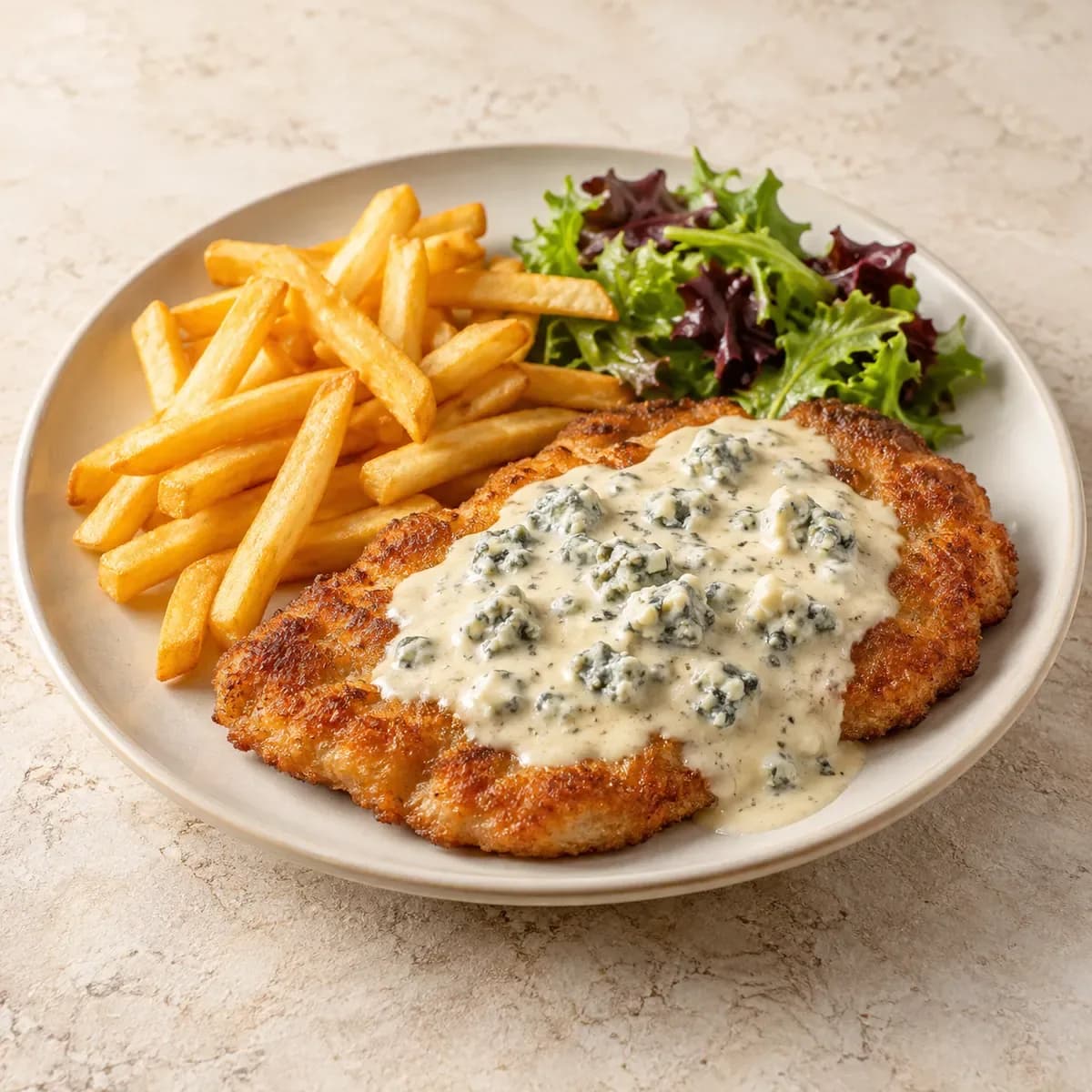 Schnitzel Gorgonzola – KI-generierte, illustrative Darstellung