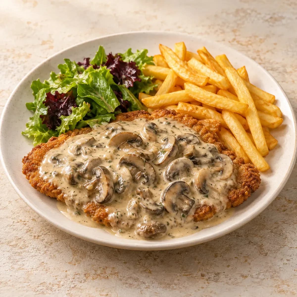 Schnitzel ai Funghi – KI-generierte, illustrative Darstellung